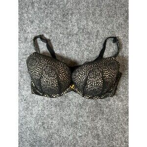Cacique Black Gold Lace Bra 40DD Womens Plunge Underwire Support Sexy Chic Plus
